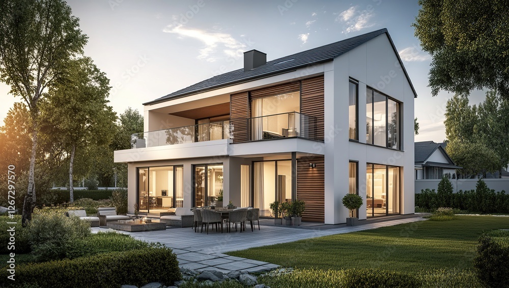 Modern House Design: Two-Story Home with Balcony, Featuring Large Windows and Outdoor Patio, Perfect for Family Living
