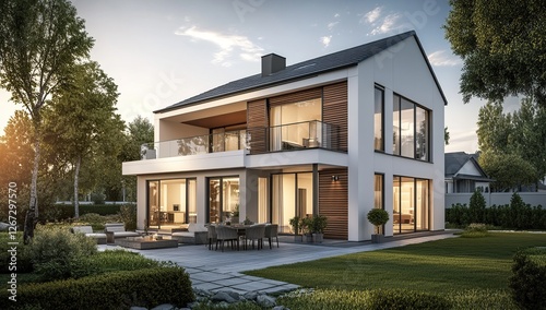 Obraz na płótnie Modern House Design: Two-Story Home with Balcony, Featuring Large Windows and Outdoor Patio, Perfect for Family Living w salonie