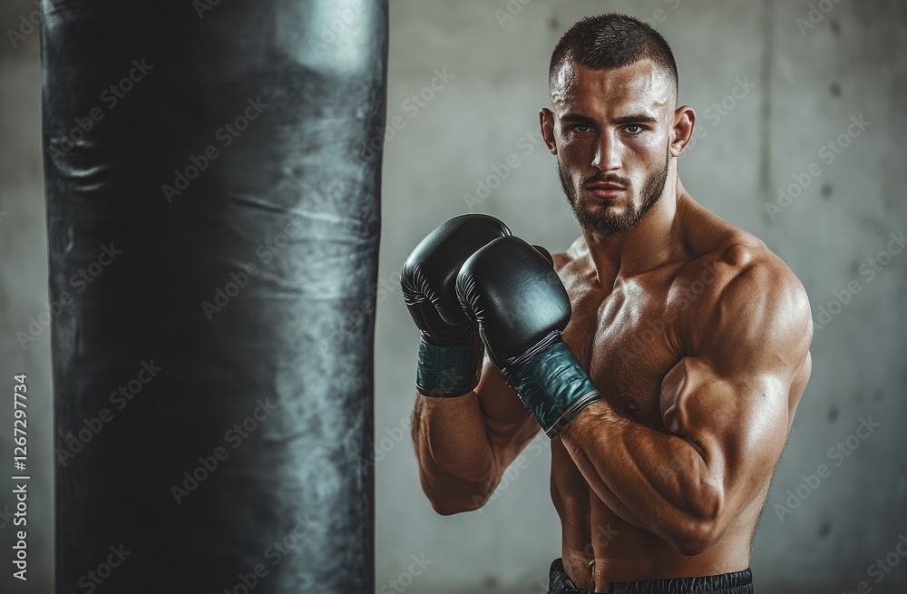 A muscular man with short hair and stubble poses in front of the punching bag while boxing, looking at the camera.