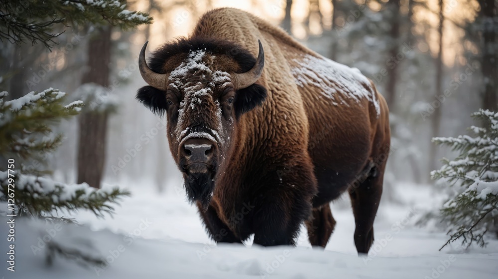 A bison stands majestically in a snowy forest, showcasing its strength and beauty. A bison stands majestically in a snowy forest, showcasing its strength and beauty.