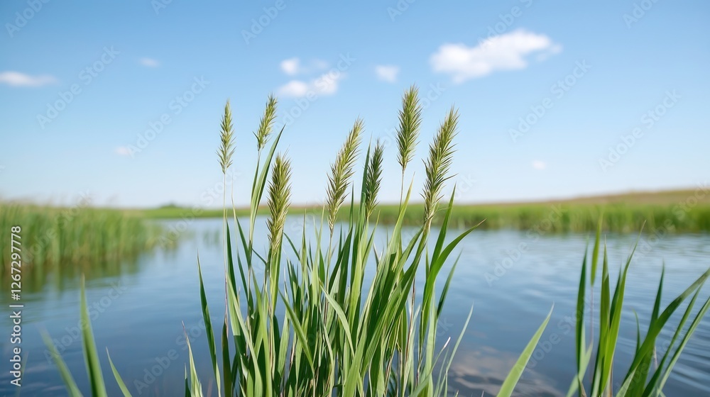 Fototapeta premium Lush reeds by a placid river under a clear sky. Possible use nature photography