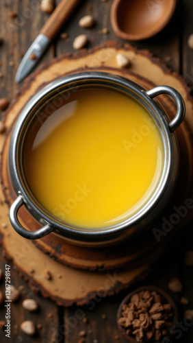 Beef tallow melting on a wooden table with kitchen utensils in the background.