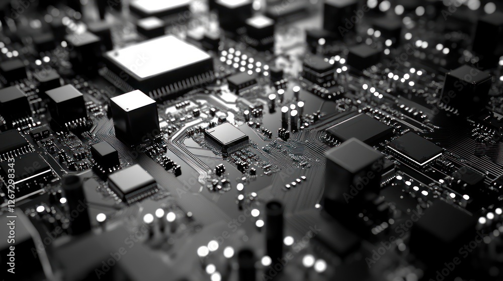 Close-up of circuit board components; technology background; digital industry Close-up of circuit board components; technology background; digital industry