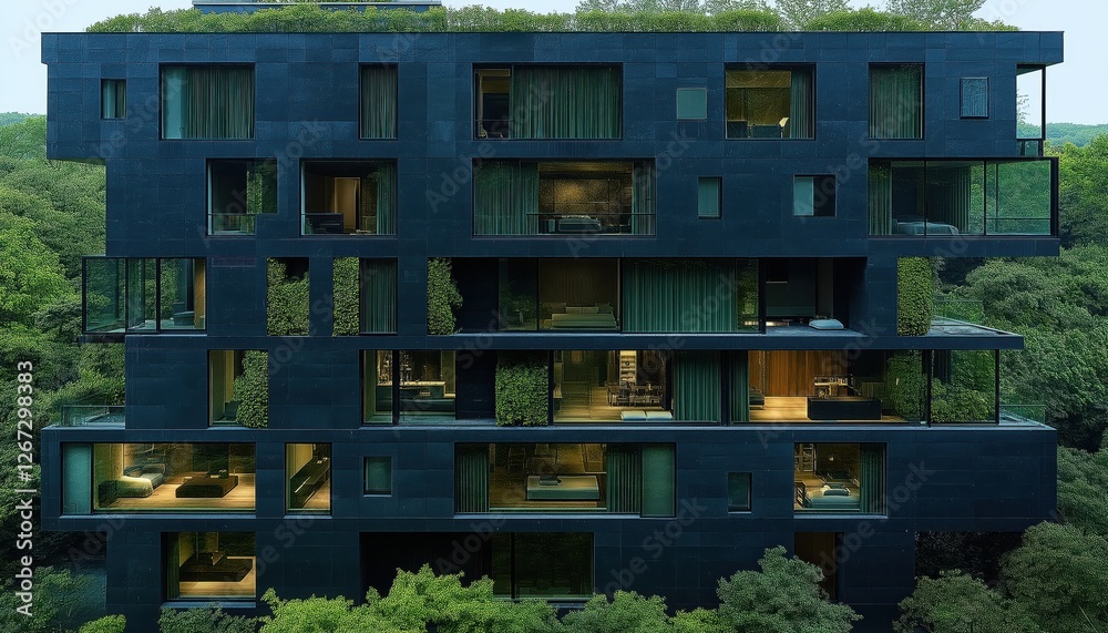 Obraz premium Modern Green Building with Vertical Garden Rooftop - Sustainable Business Design