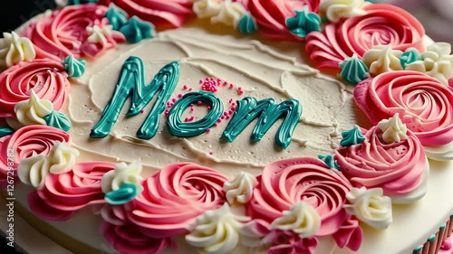 close-up of a cake with the inscription mom. Selective focus