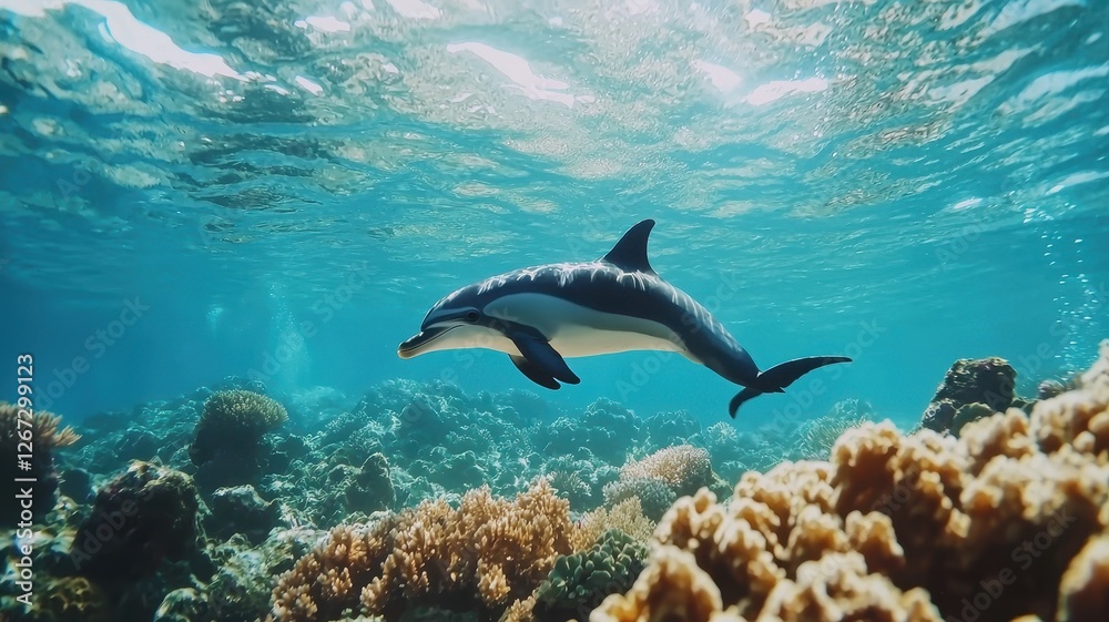 Naklejka premium Stunning Dolphin Swimming in Vibrant Coral Reef Underwater Scene