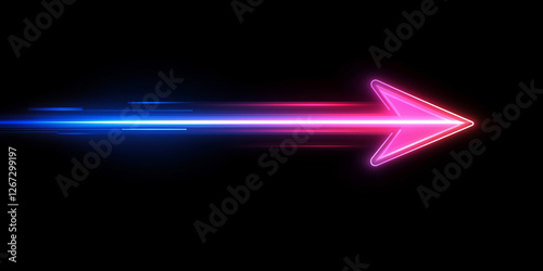 neon arrow sign,blue and pink glowing speed lines in the shape of an arrow on a black background