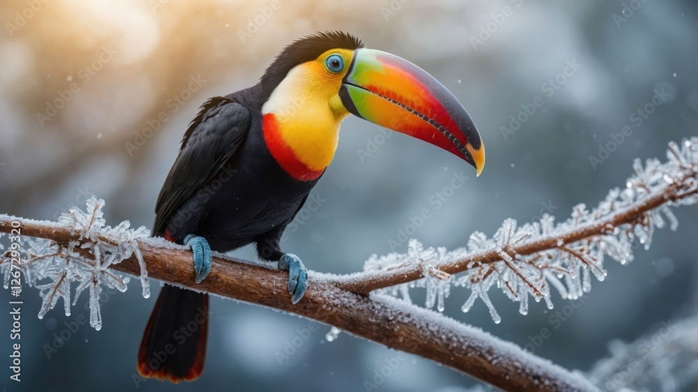 A colorful toucan perched on a frosty branch, showcasing nature's beauty in winter. A colorful toucan perched on a frosty branch, showcasing nature's beauty in winter.