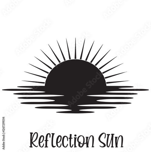 sun Black vector silhouettes icon. Vector template sun reflection in water. Sunset and waves reflection. Illustration White background