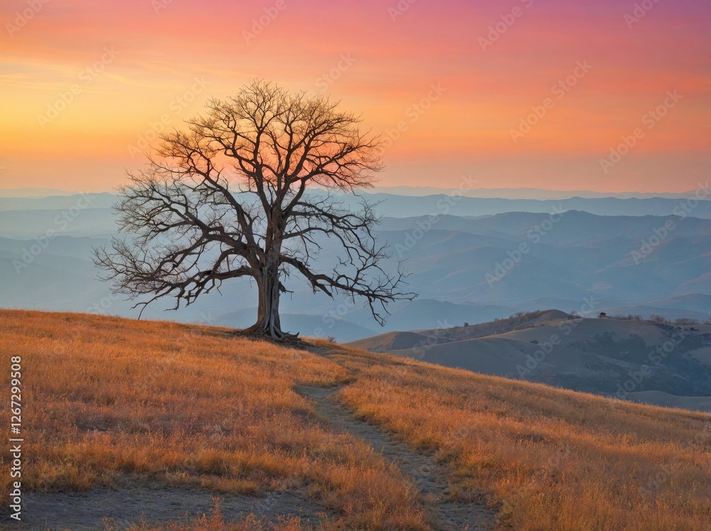 A large skeleton tree on a Hill at Sunrise A large skeleton tree on a Hill at Sunrise