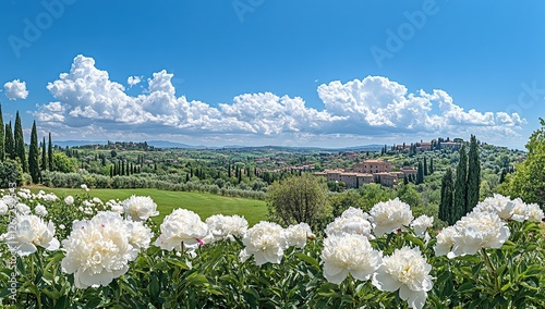 White Peonies Bloom Abundantly, Overlooking Picturesque Hilltop Village under a Blue Sky with Puffy Clouds in Summer