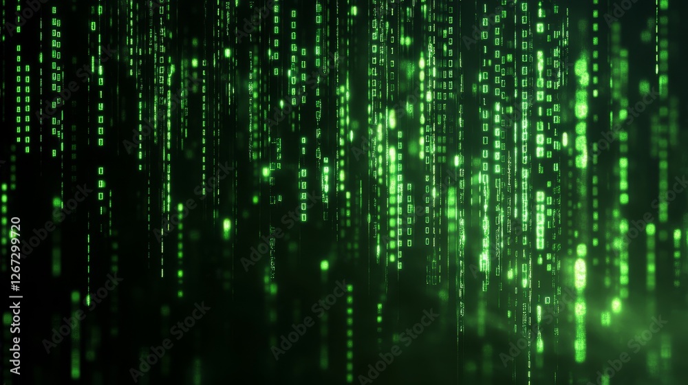 Abstract digital green matrix background with glowing binary code cascading downwards Abstract digital green matrix background with glowing binary code cascading downwards