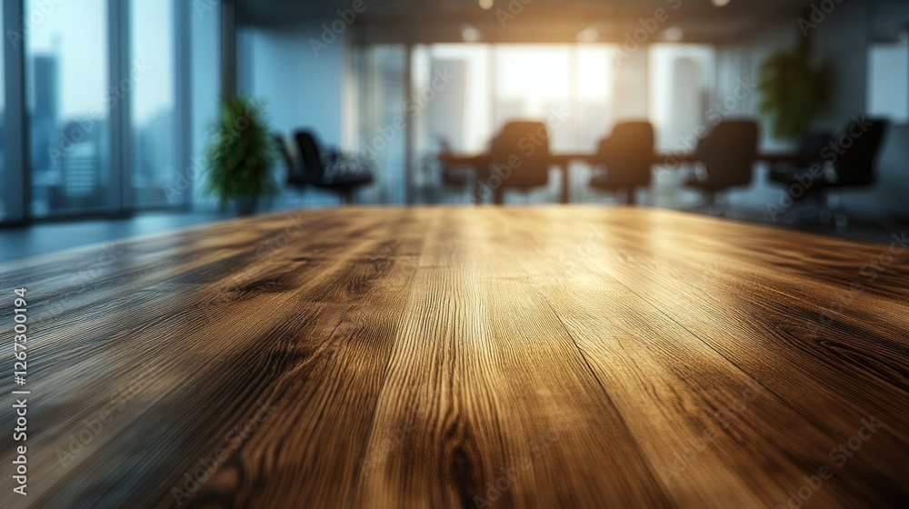 Empty wooden table in modern office meeting room with city view Empty wooden table in modern office meeting room with city view