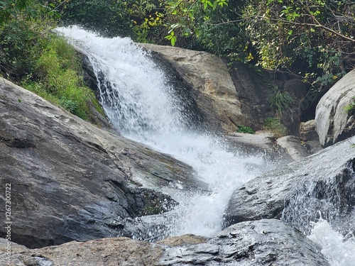 View of the monkey waterfalls in Valparai, Tamil Nadu, India. 