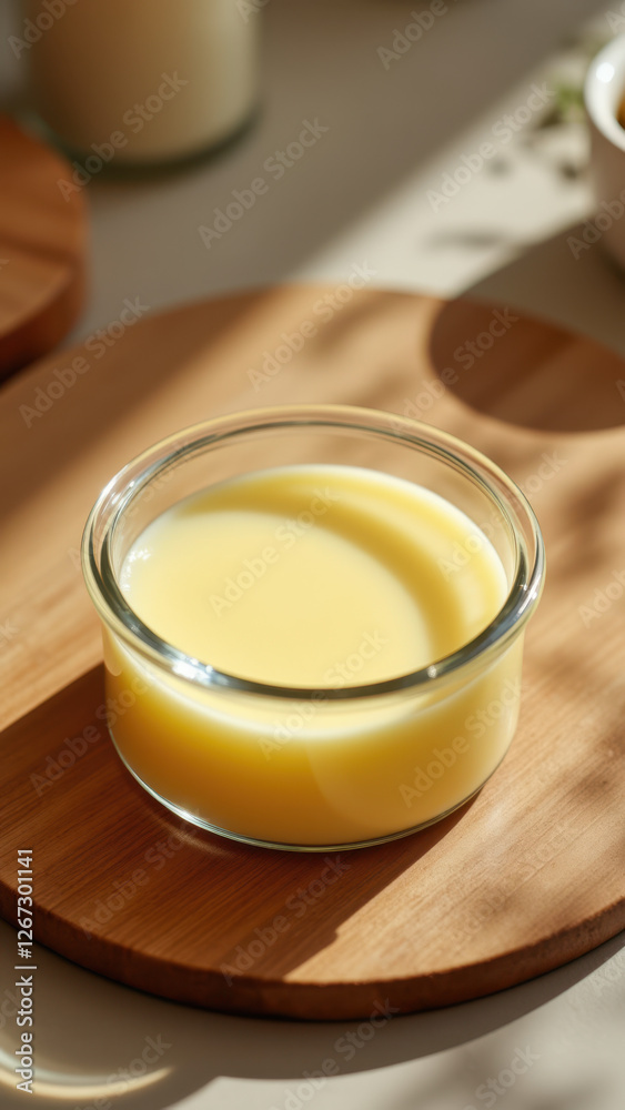 A jar filled with yellow-colored beef tallow on a wooden cutting board. A jar filled with yellow-colored beef tallow on a wooden cutting board.