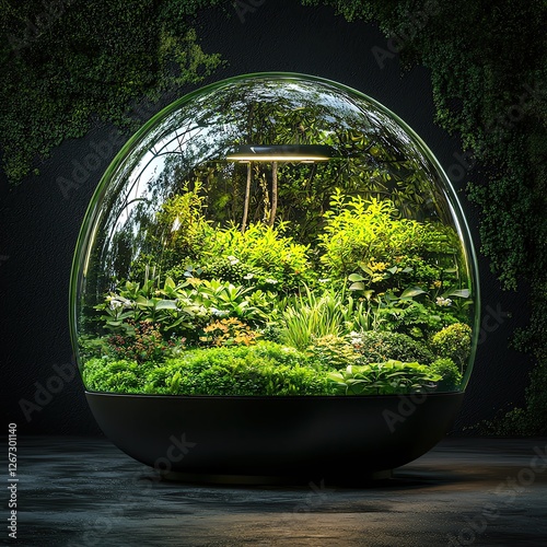 a self sustaining mini ecosystem in a sphere shaped galss dome, mini plants and trees inside, no background, white space around the object photo