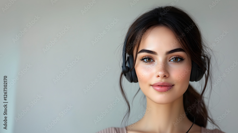Una mujer joven con auriculares negros mira directamente a la cámara con una expresión serena. El fondo claro resalta su rostro y la estética minimalista Una mujer joven con auriculares negros mira directamente a la cámara con una expresión serena. El fondo claro resalta su rostro y la estética minimalista