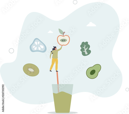 Vegan and natural, green diet eating lifestyle.smoothies and ingredients.flat character life .