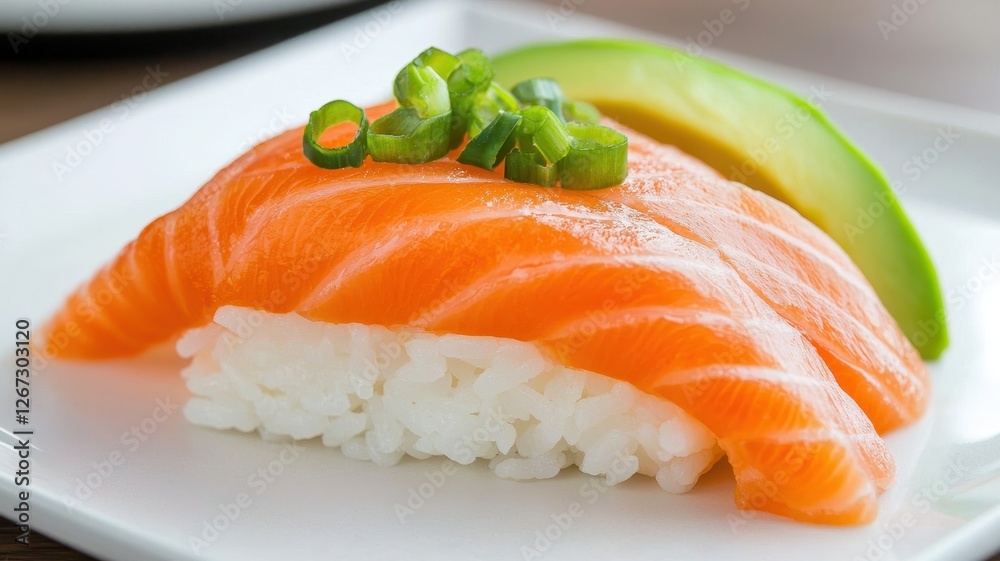 Delicious Salmon Nigiri Sushi with Avocado and Green Onions on White Plate Delicious Salmon Nigiri Sushi with Avocado and Green Onions on White Plate