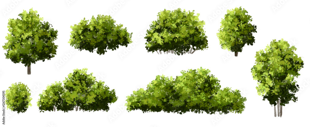 Obraz premium Vertor set of green tree,plants side view for landscape elevations,element for backdrop,eco environment concept design,watercolor greenery scene,shrub