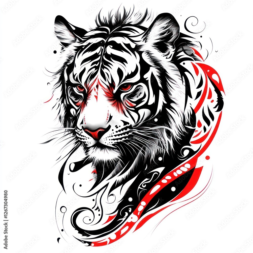 Obraz premium Tiger head graphic art, decorative swirls, red accents