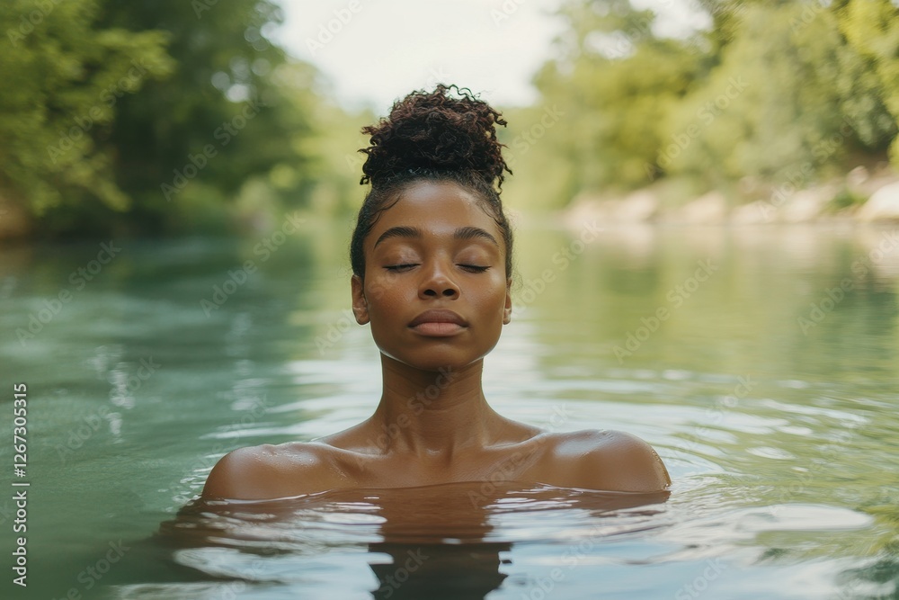 Fototapeta premium Tranquil Black Woman Practicing Yoga by Serene Waterside, Embracing Inner Peace and Wellness in Nature