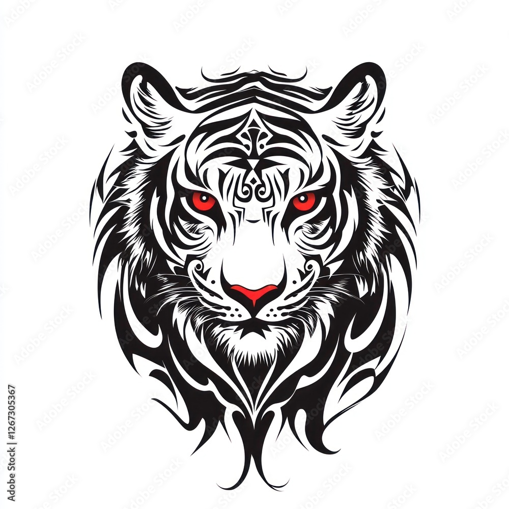 Obraz premium White tiger tribal art, intense gaze, isolated, graphic design