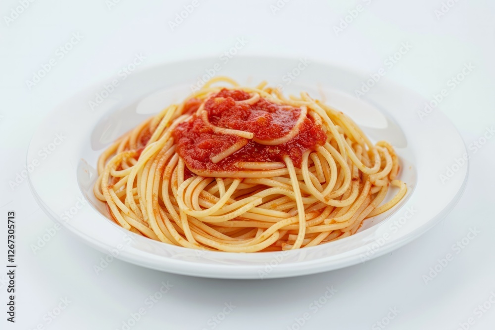 Spaghetti with tomato sauce on white plate. Neural network AI generated Spaghetti with tomato sauce on white plate. Neural network AI generated