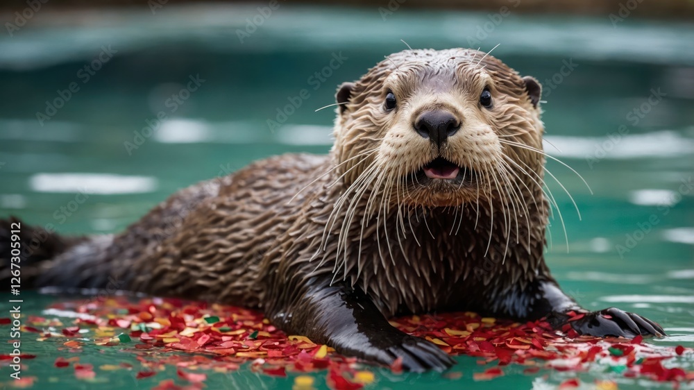 A playful otter swimming in water surrounded by colorful food pellets. A playful otter swimming in water surrounded by colorful food pellets.