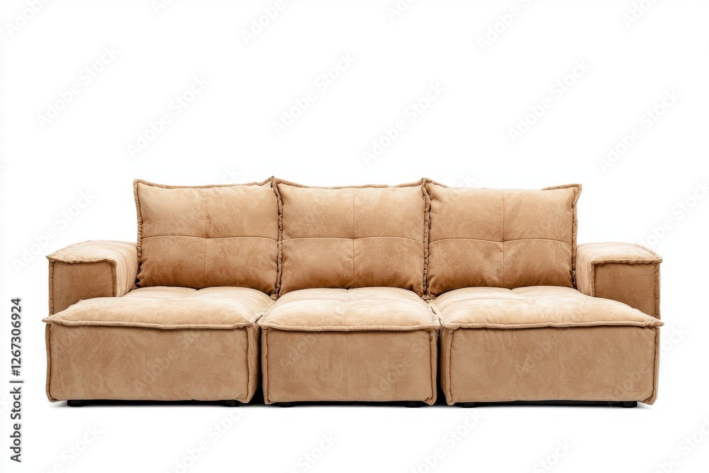 Naklejka premium Cozy and Stylish Beige Sofa with Plush Cushions and Modern Design for Comfortable Living Spaces
