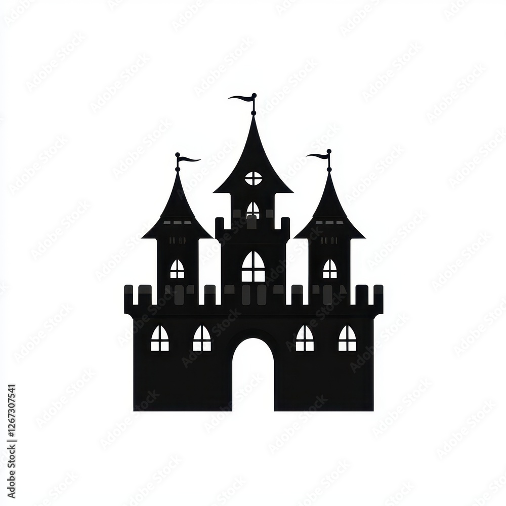Black Silhouette of Fairytale Castle Medieval Fortress Fantasy Architecture Illustration Black Silhouette of Fairytale Castle Medieval Fortress Fantasy Architecture Illustration