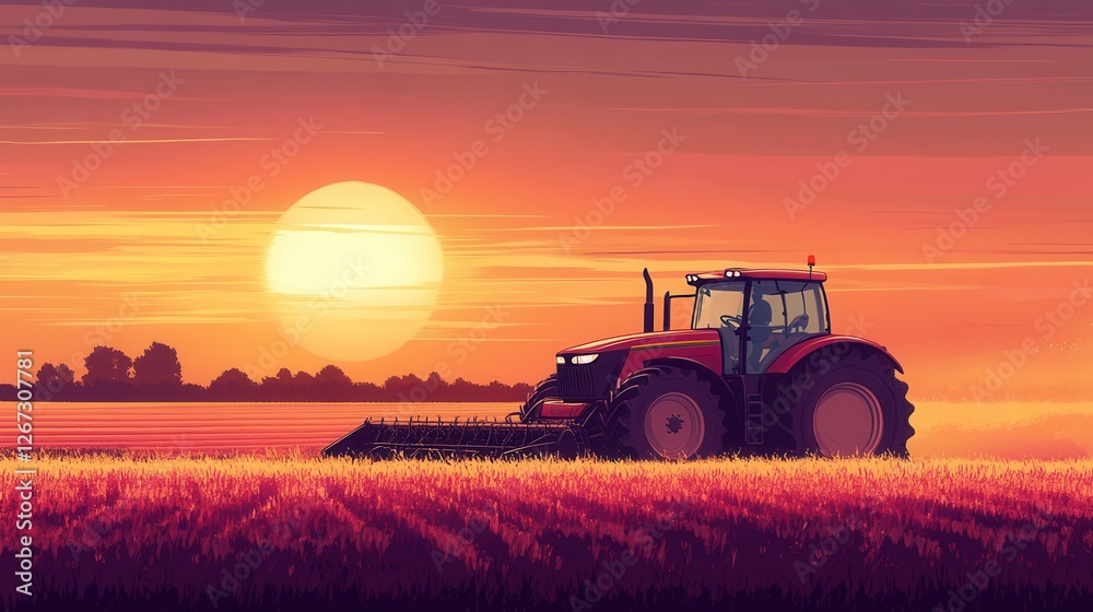 Fototapeta premium Tractor in Action: Agricultural Vehicle Plowing Fields Under a Breathtaking Sunset Landscape