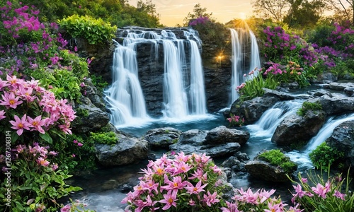 Idyllic Outdoor Sanctuary with a Waterfall and Pool – Peaceful Sunrise Over a Picturesque Garden Escape