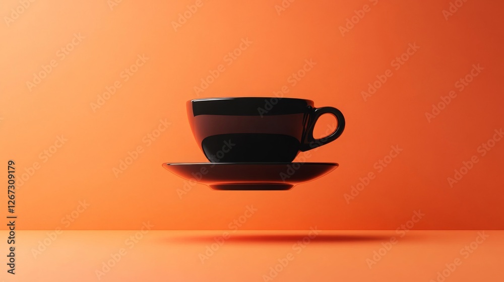 Floating Black Coffee Cup On Orange Background Floating Black Coffee Cup On Orange Background