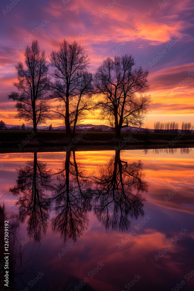 Fototapeta premium Tranquil Sunset Over Serene Lake with Reflective Waters and Tree Silhouettes in Warm Evening Light