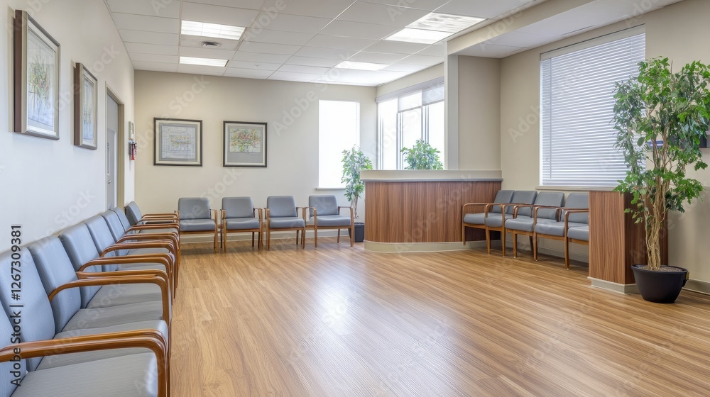 Professional doctor office waiting space with comfortable gray seating, white-painted walls, and oak flooring Professional doctor office waiting space with comfortable gray seating, white-painted walls, and oak flooring