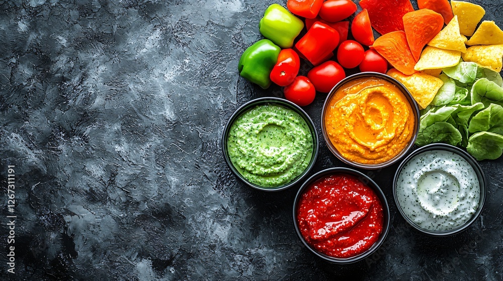 Colorful dips with veggie sticks, overhead shot Colorful dips with veggie sticks, overhead shot