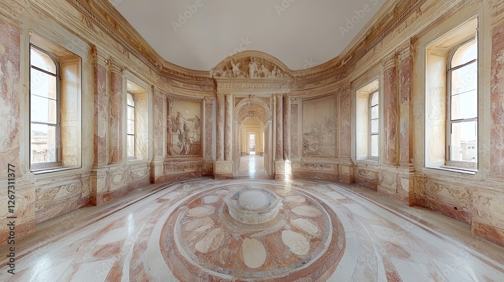 Obraz premium Circular Palace Room, Interior Design, Marble Floor, Frescoed Walls, Sunlight