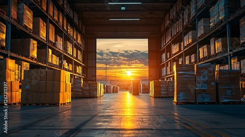 Fototapeta Naklejka Na Ścianę i Meble -  Courier Convenient Loading Standards, Rows of Packages Leading to an Open Industrial Bay Illuminated by Golden Sunset