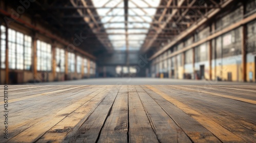 Empty wooden tabletop with a vibrant background of a blurred warehouse, emphasizing the scale and energy of the industrial storage setting