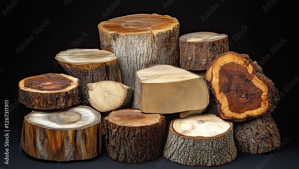 Wooden Cross Sections: Stacked Tree Trunk Slices Displaying Unique Wood Grain Patterns and Textures