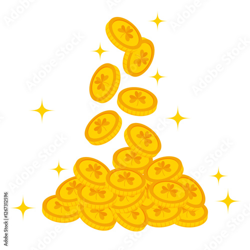 Handful of gold leprechaun coins with shamrocks. Vector illustration for St. Patrick's Day on white background.
