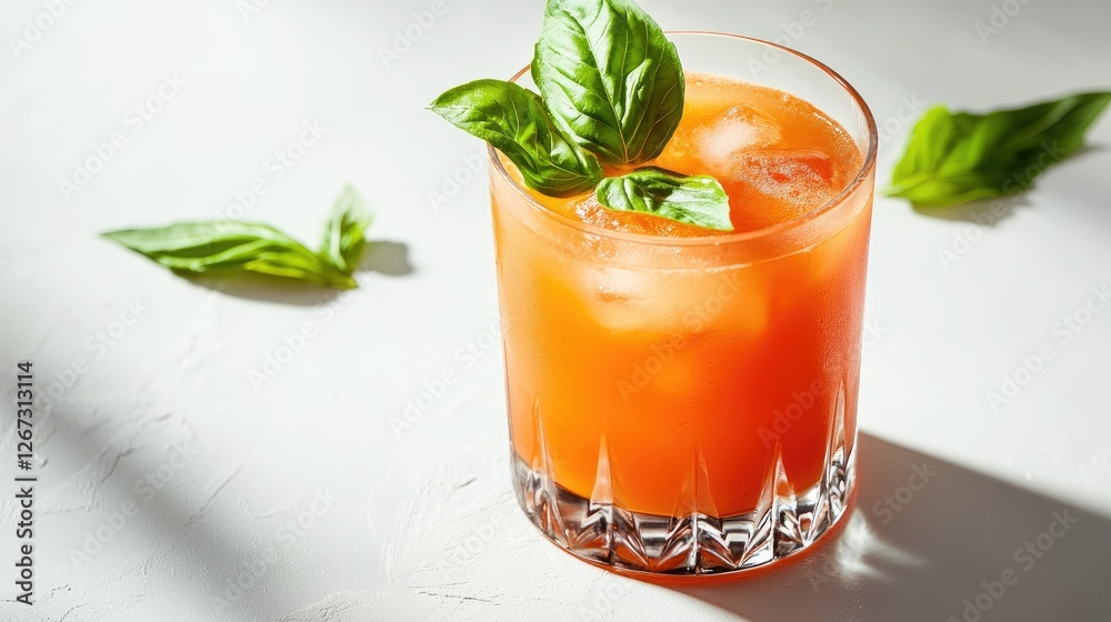 Fresh tomato juice in a clear glass, garnished with basil leaves, placed on a bright white background with soft shadows. Fresh tomato juice in a clear glass, garnished with basil leaves, placed on a bright white background with soft shadows.