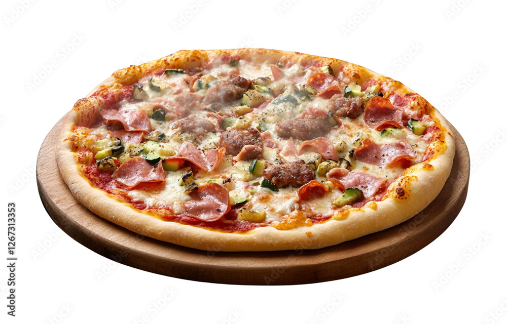 A slightly steaming pizza with meat and vegetables, isolated on a transparent background (4) A slightly steaming pizza with meat and vegetables, isolated on a transparent background (4)