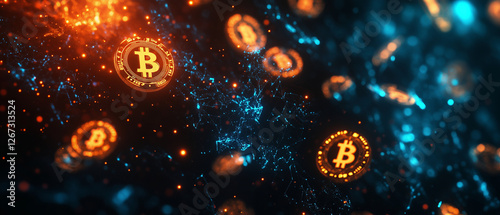 Tech-finance background, glowing blockchain nodes interconnected with digital circuits, cyberpunk style