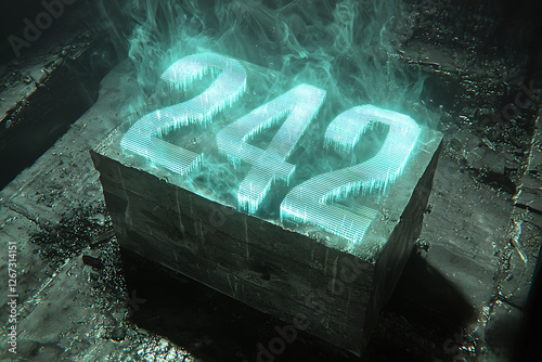 Mysterious teal numbers 242 emerge from a smoky, dark stone block.  Stylized digital effect creates a futuristic, enigmatic feel. Ideal for tech, mystery, or countdown concepts.
