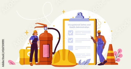 OSHA landing page. Occupational safety regulation and health inspection. Workers in safety helmets. Life insurance and prevention of injuries at work. Cartoon style graphic animated video clip