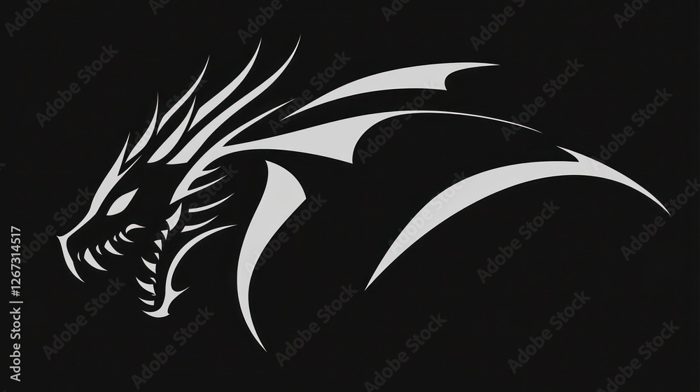 Fototapeta premium White dragon head profile, dark background, fantasy art, logo design