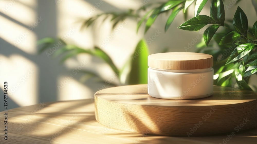 Cream Jar Display On Wooden Stand With Sunlight Cream Jar Display On Wooden Stand With Sunlight