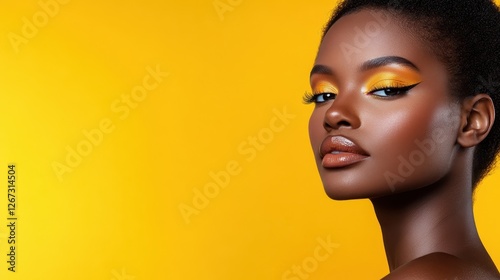 A striking portrait showcasing a model with vibrant yellow eye makeup, highlighting her features against a bold yellow backdrop that adds an energetic feel to the image.